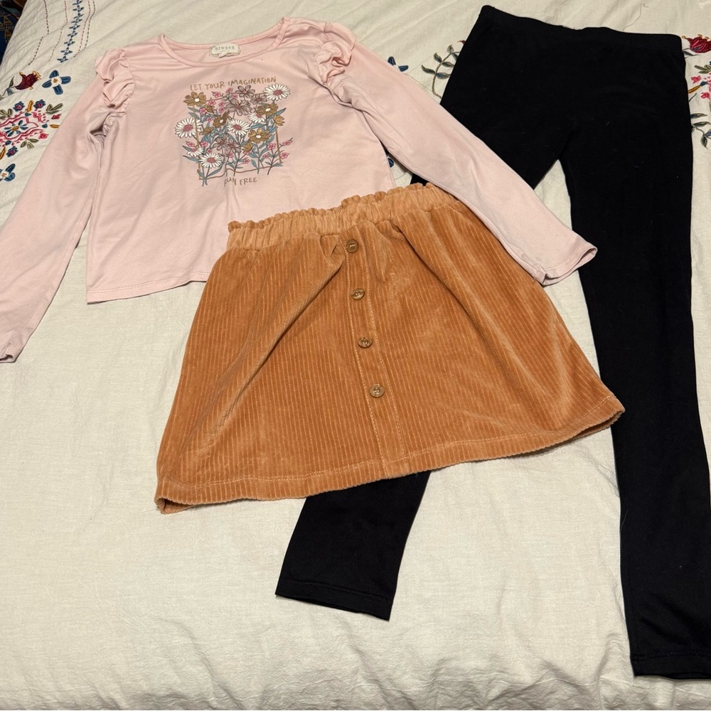 BTween Girls 4-Pack Fall Outfits, Dress, Long Sleeve T-Shirt, Leggings, Skirt